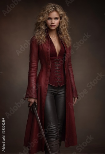  a woman in a red coat and black leather pants, holding a sword in her hand She has a determined expression on her face, as if she is ready to take on any challenge
