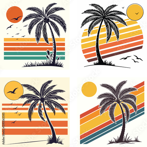 A palm tree silhouette on retro stripes with a sun background