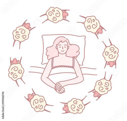 A serene and tranquil illustration depicting a woman peacefully sleeping, gracefully surrounded by fluffy clouds