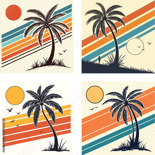 A palm tree silhouette on retro stripes with a sun background