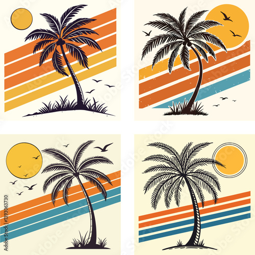 A palm tree silhouette on retro stripes with a sun background
