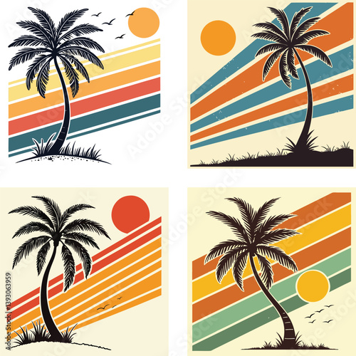 A palm tree silhouette on retro stripes with a sun background