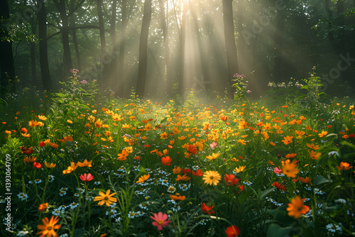 Lush green forest with sunlight filtering through the trees, vibrant wildflowers in the foreground