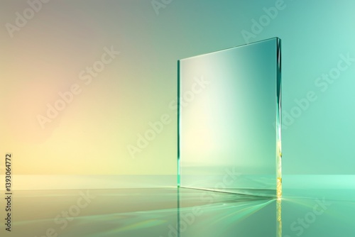 Futuristic Glass Panel: A sleek, transparent glass panel stands on a surface with a soft gradient background