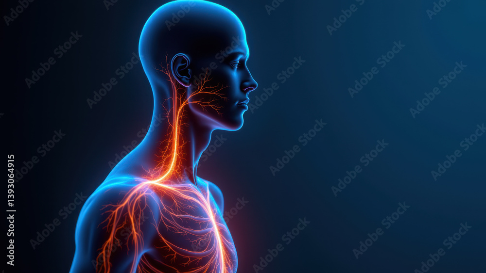 VNS device illustration, highlighting its placement on a human neck. VNS device illustration, highlighting its placement on a human neck.