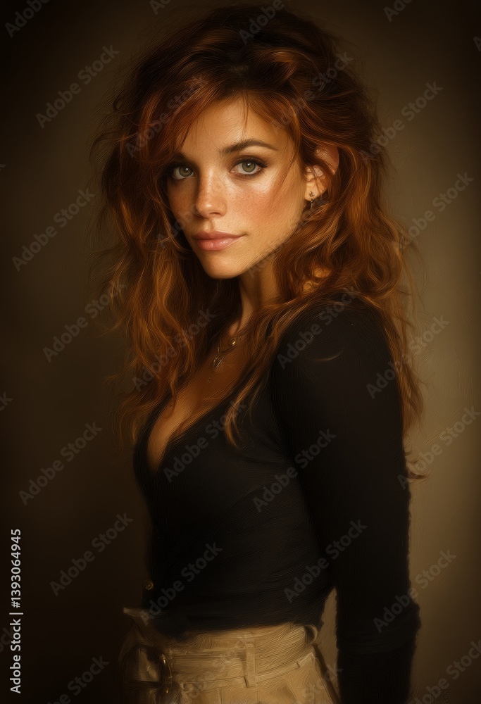 a woman with long red hair wearing a black top and tan pants Her hair is styled in a way that frames her face and accentuates her features Her eyes are closed, gi a woman with long red hair wearing a black top and tan pants Her hair is styled in a way that frames her face and accentuates her features Her eyes are closed, gi
