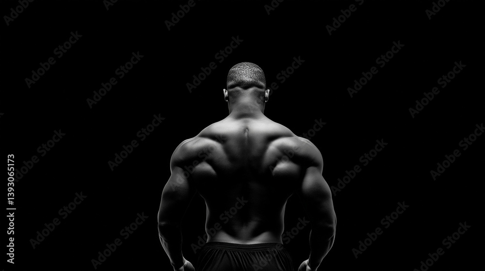 Sculpted Strength: A striking, back view of a muscular man, showcasing his powerful physique in dramatic monochrome, emphasizing his dedication and drive. Sculpted Strength: A striking, back view of a muscular man, showcasing his powerful physique in dramatic monochrome, emphasizing his dedication and drive.