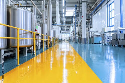 clean and modern dairy processing facility with shiny floors and large tanks