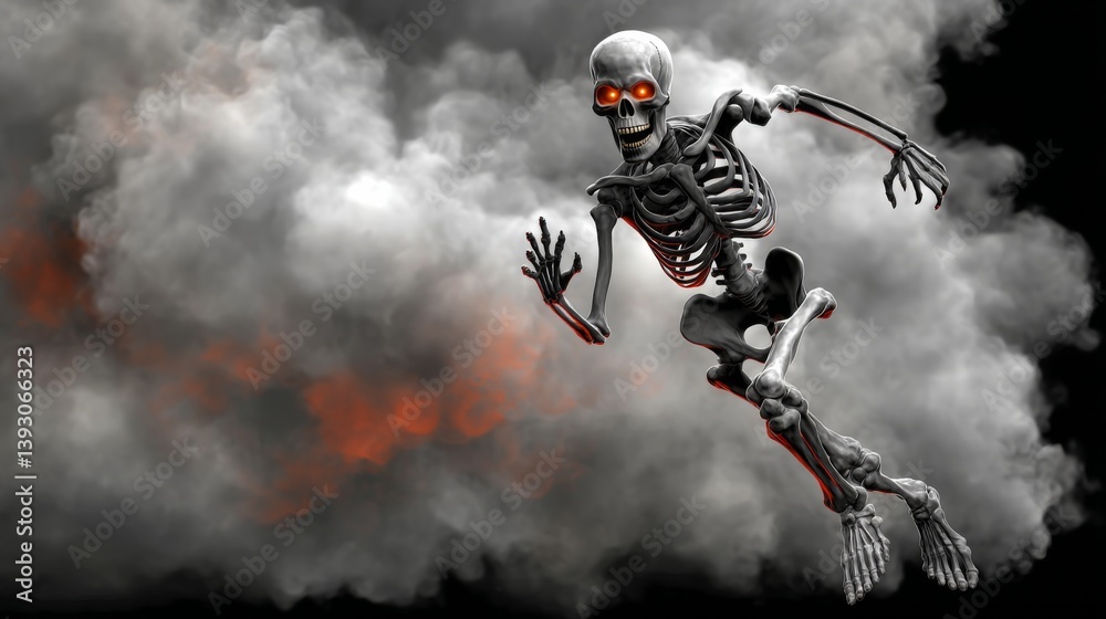 A spooky skeleton running through a dark, smoky background