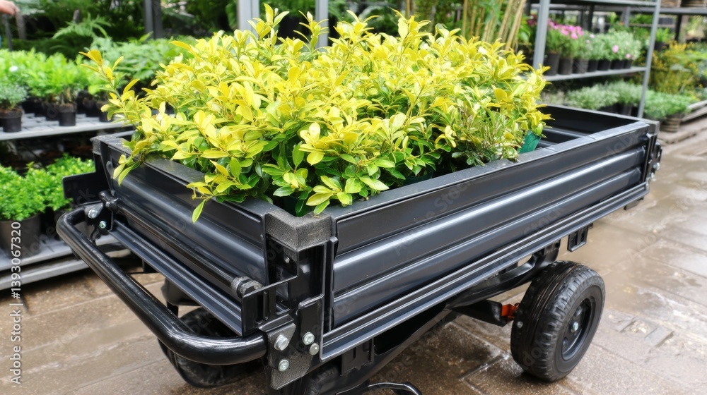A black garden cart filled with vibrant yellow-green plants