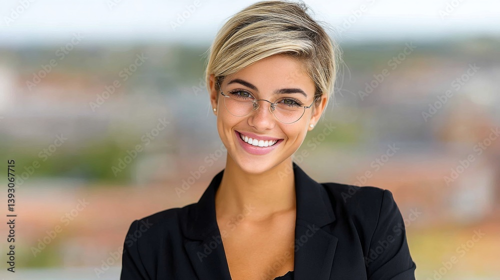 Confident young woman smiling while wearing glasses and a blazer