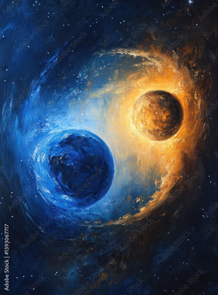 Fototapeta premium Cosmic duality, two planets in space, swirling energy