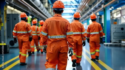 Employees conduct a serious and well-coordinated emergency evacuation drill in a busy factory setting.