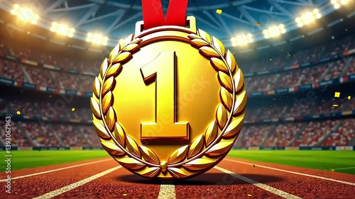 Gold medal with number one with laurel wreath on festive background sport stadium with confetti. Golden symbol of winner for 1st place, celebration, sport competition, champion games