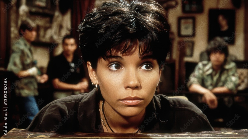 Intense gaze of a young woman in a dramatic scene