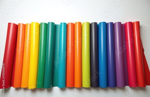 Row of rainbow colored vinyl car wrapping rolls isolated on white. Colorful assortment of car wrap film materials ready for plotter. Bright, vibrant color selection for automotive, vehicle