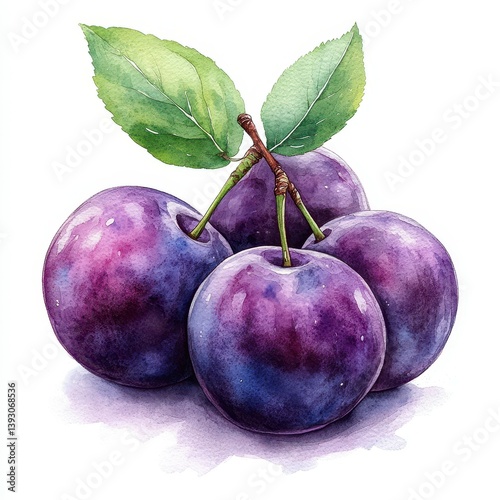 Fresh plums with vibrant colors and leaves displayed on a plain background showcasing nature's beauty and freshness