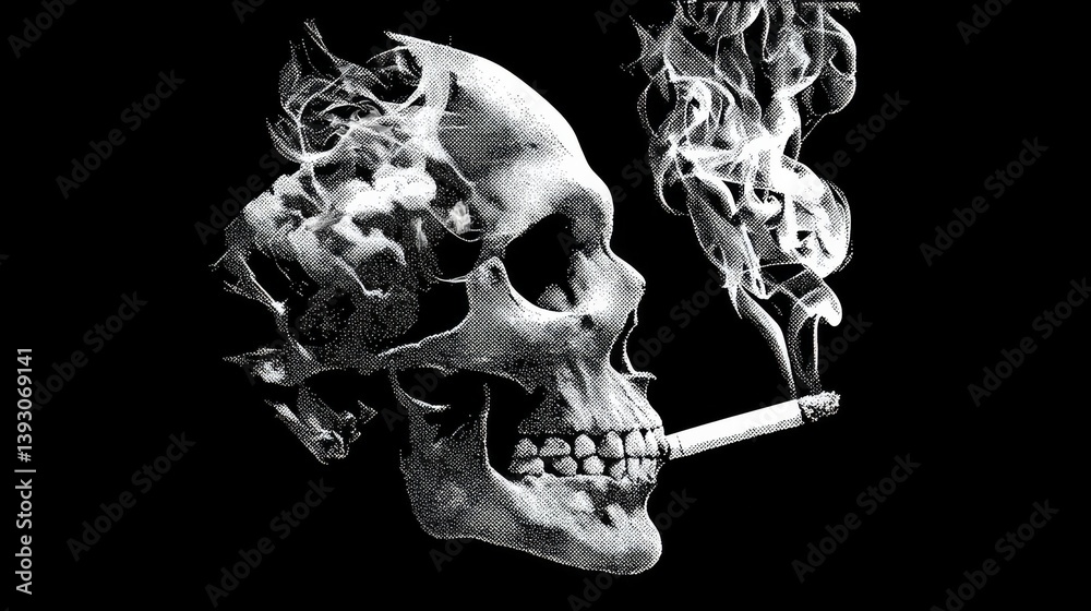 A detailed skull with smoke rising from a cigarette, creating a striking visual