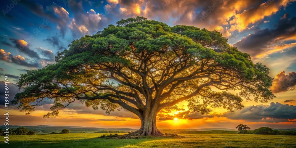 Fototapeta premium Serene Sunset Silhouette of a Majestic Silk Cotton Tree A Stunning Rule of Thirds Composition Capturing the Golden