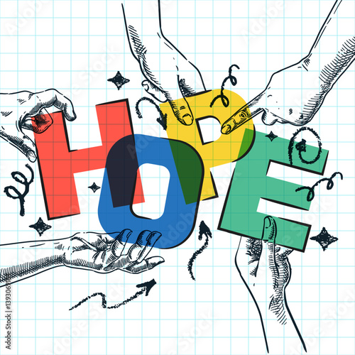 Letters, forming word team in human hands. Vector hand drawn sketch illustration. Teamwork, business cooperation concept