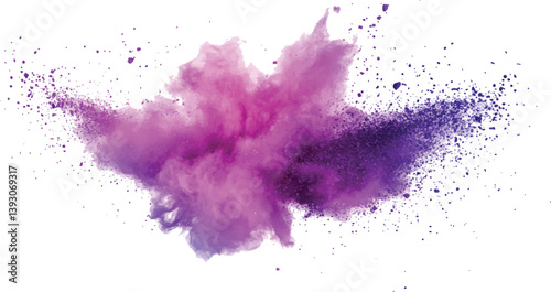 Burst of vibrant purple powder, Colorful dust explode. Paint Holi. colorful vibrant rainbow Holi paint color powder explosion with bright colors isolated white background.