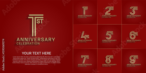 Anniversary logo style double line number set. gold color on red background for celebration event