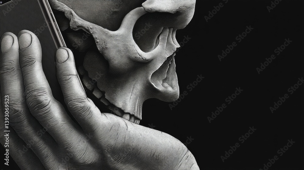 A skull holding a smartphone against a dark background