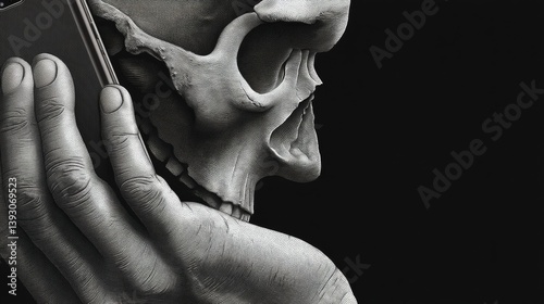 Obraz na płótnie A skull holding a smartphone against a dark background w salonie