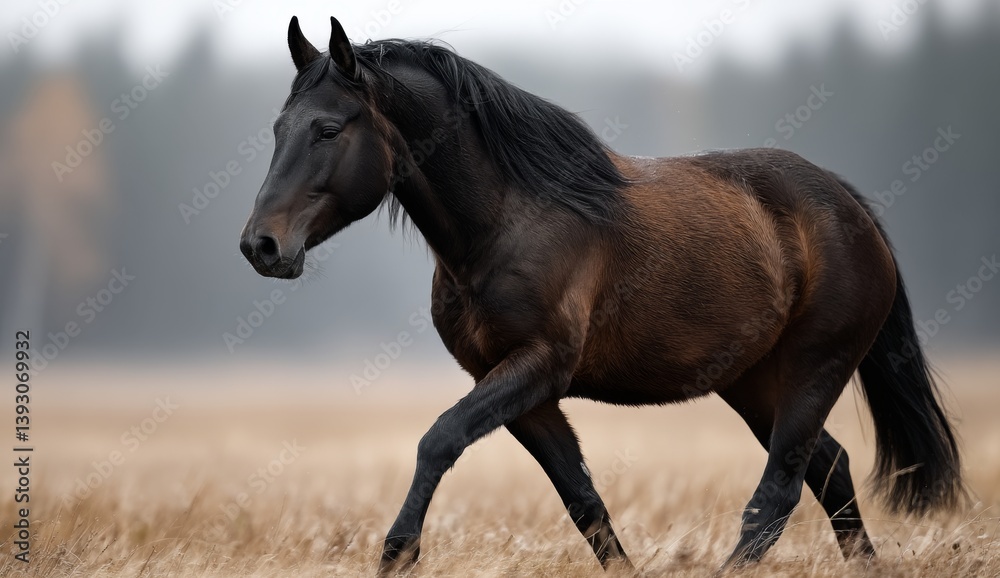 a brown horse running through a field of dry grass, with a blurred background a brown horse running through a field of dry grass, with a blurred background