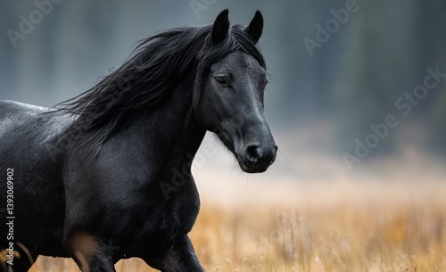  a black horse running through a field of tall grass, its mane and tail flowing in the wind The background is slightly blurred, giving the horse a sense of motion a