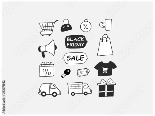Elegant line art illustration of two man or women shopping on Black Friday. set of black and white icons perfectly captures the essence of Black Friday shopping. Hand-drawn Black Friday Shopping Icons