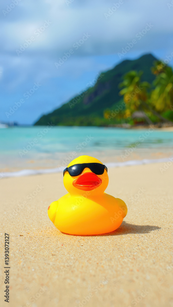 Naklejka premium Yellow rubber duck with sunglasses on sandy beach by blue ocean with green mountain and partly cloudy sky in the background.