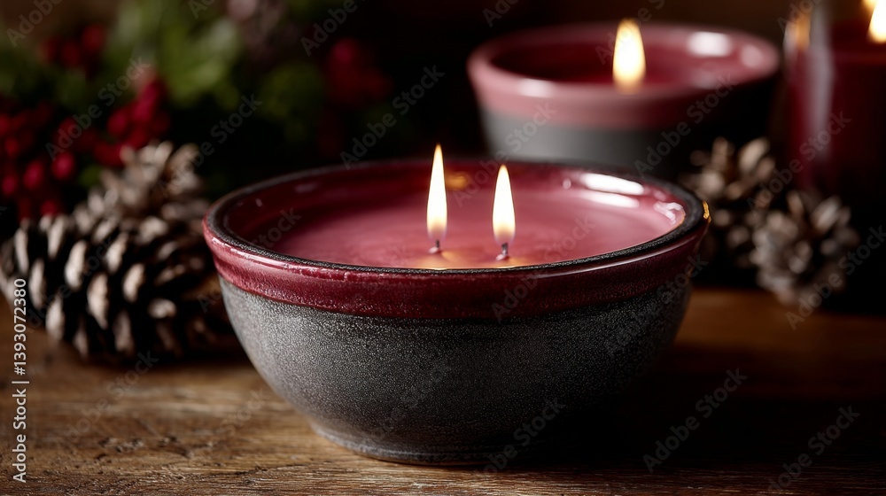 three red candles sitting on top of a wooden table, surrounded by festive decorations such as leaves and flowers The background is slightly blurred, giving the ima three red candles sitting on top of a wooden table, surrounded by festive decorations such as leaves and flowers The background is slightly blurred, giving the ima