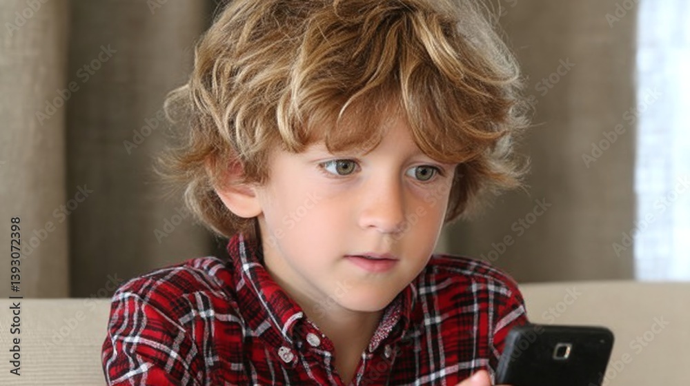 Young boy focused on smartphone while sitting indoors