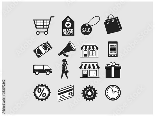 Elegant line art illustration of two man or women shopping on Black Friday. set of black and white icons perfectly captures the essence of Black Friday shopping. Hand-drawn Black Friday Shopping Icons