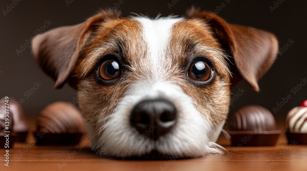 A curious dog gazes at delicious chocolates on a wooden surface