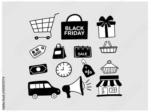 Elegant line art illustration of two man or women shopping on Black Friday. set of black and white icons perfectly captures the essence of Black Friday shopping. Hand-drawn Black Friday Shopping Icons
