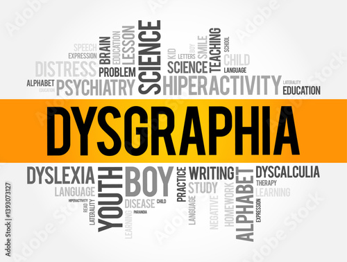 Dysgraphia is a neurological learning disorder that affects a person’s ability to write coherently, clearly, and efficiently, word cloud concept background