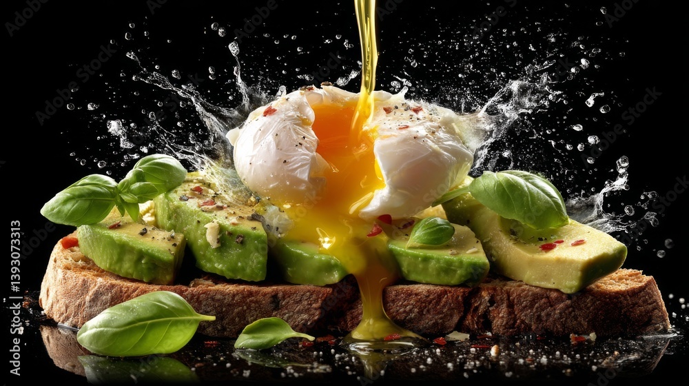 Delicious avocado toast topped with a poached egg and fresh basil