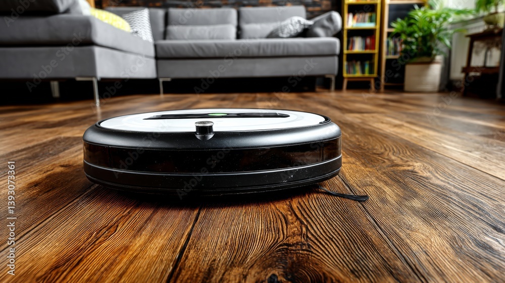 Robotic vacuum cleaner on wooden floor in modern living room setting