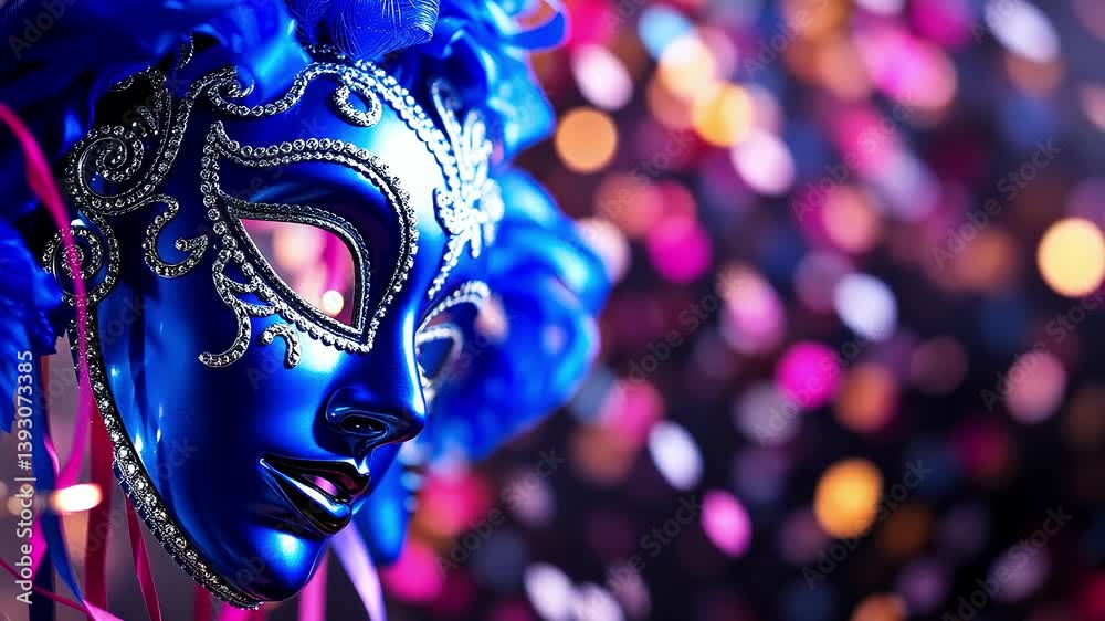 Blue carnival mask on shining bokeh background with copy space. Holiday and festival concept, banner or design template