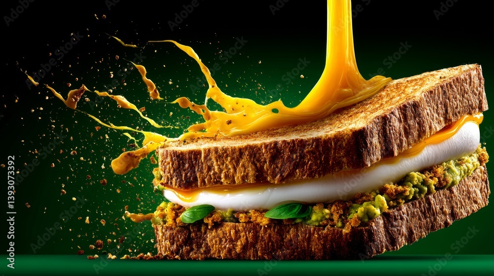 Delicious sandwich with creamy filling and vibrant sauce splashing