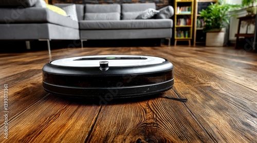 Obraz na płótnie Robotic vacuum cleaner on wooden floor in modern living room setting w salonie