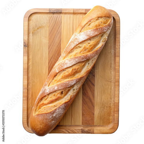 A delicious crusty baguette rests on a beautiful wooden cutting board