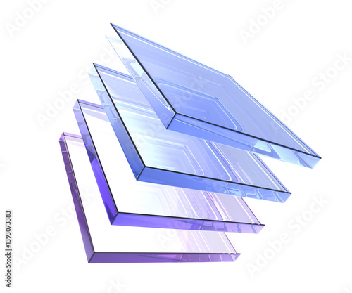 3d abstract glass square shapes in row. Iridescent crystal transparent plates, flying rainbow panels with holographic gradient, dispersion light for ui design, digital tech background