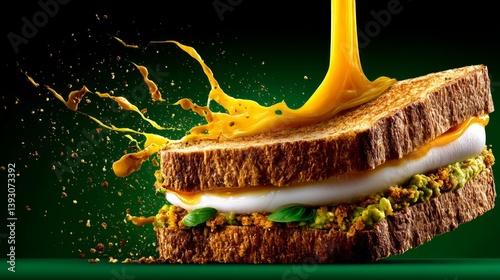 Obraz na płótnie Delicious sandwich with creamy filling and vibrant sauce splashing w salonie