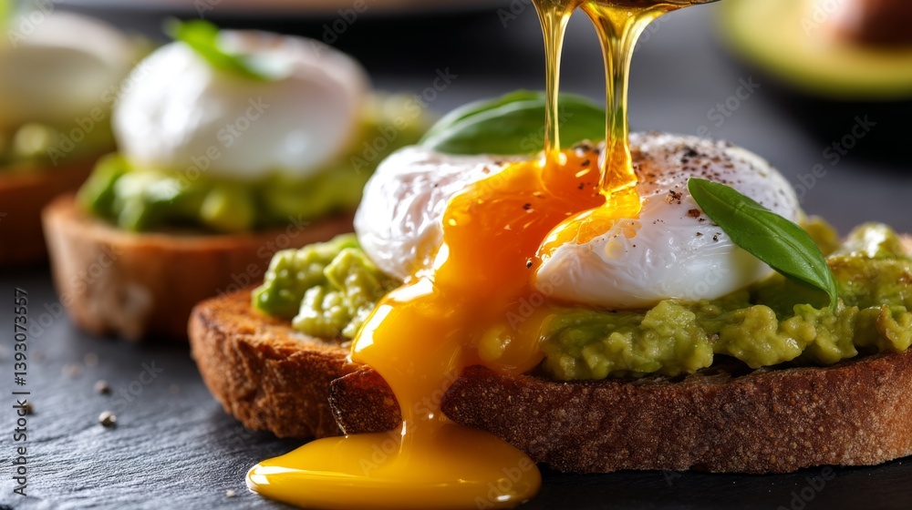 Delicious avocado toast topped with poached eggs and fresh basil