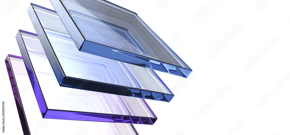 Fototapeta premium Abstract 3d black background wallpaper with glass square shapes, iridescent light holographic gradient render. Crystal transparent plates with layer effect, digital design tech banner