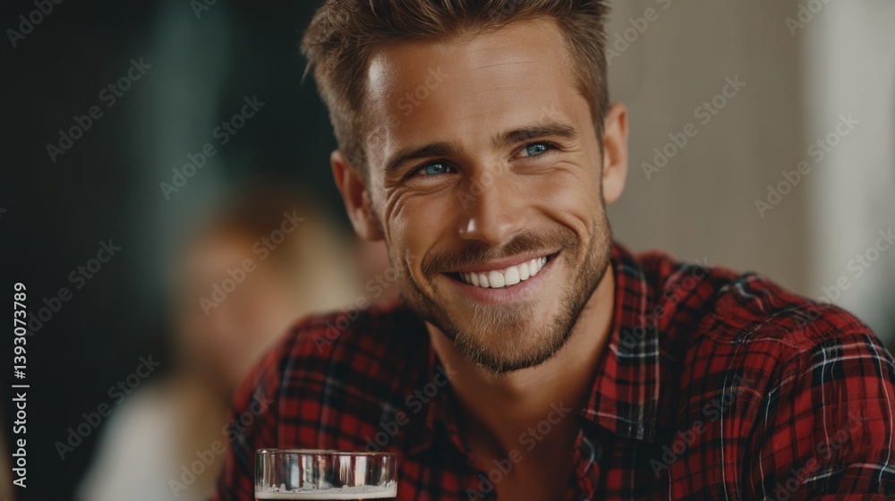 Smiling man enjoying a drink in a casual setting with friends