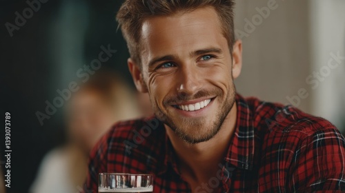 Obraz na płótnie Smiling man enjoying a drink in a casual setting with friends w salonie